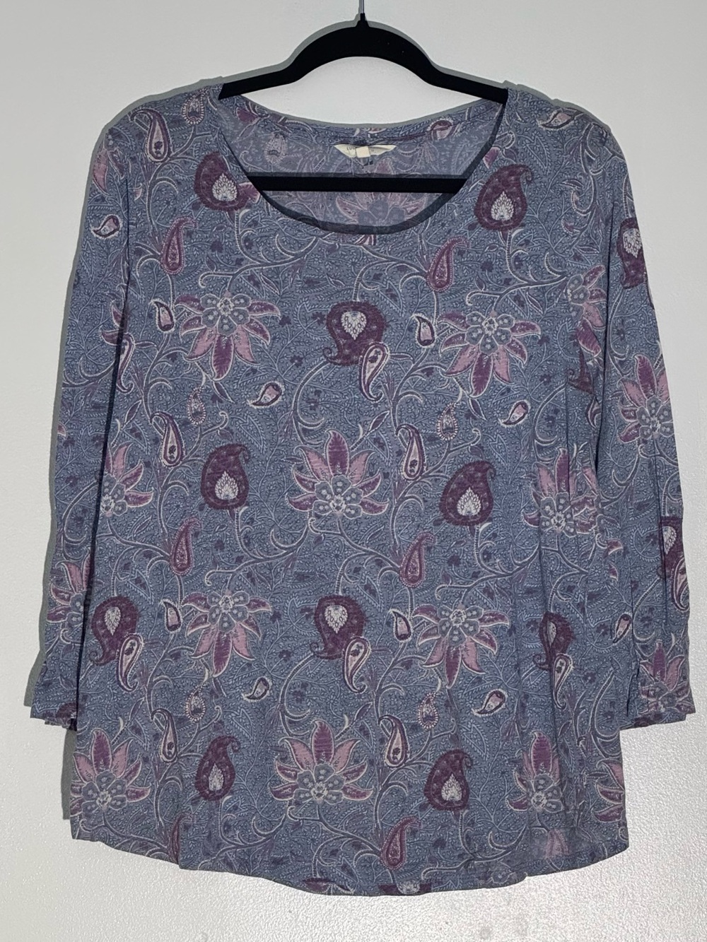 Lucky Brand Paisley Floral Print 3/4 Sleeve Knit Top Blue Purple L